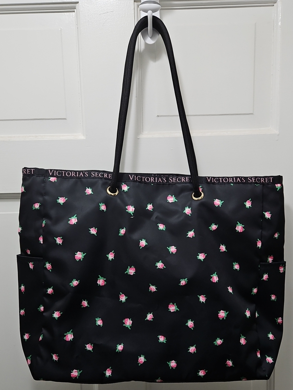 Victoria's Secret Black Tote with Pink Rose Print